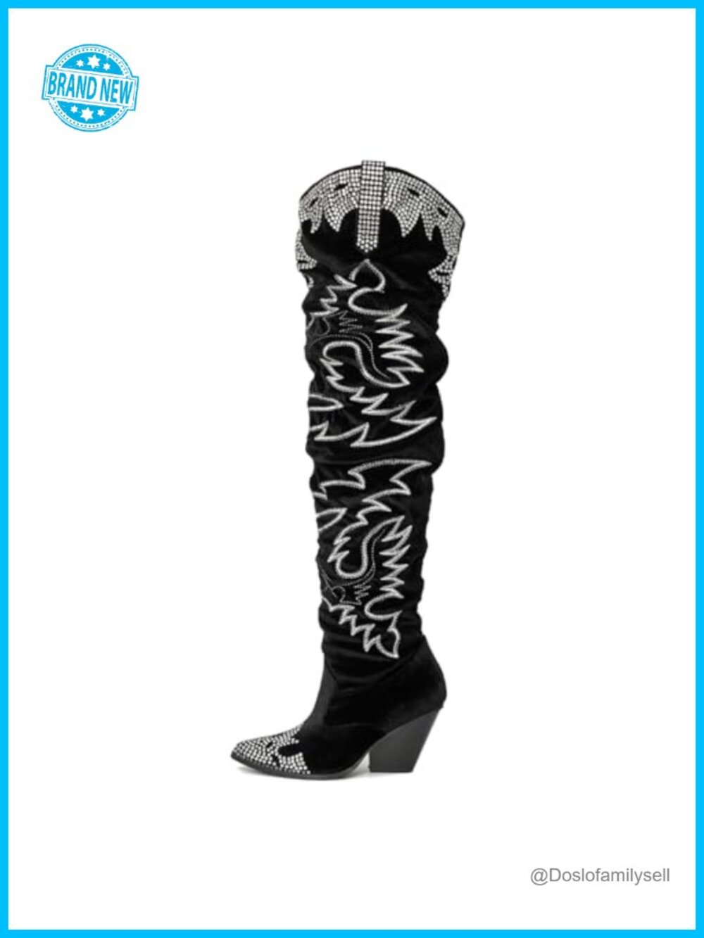 Rhinestone Embroidered Cowboy Boots Thigh High Slouchy Wide Calf Pull On Over